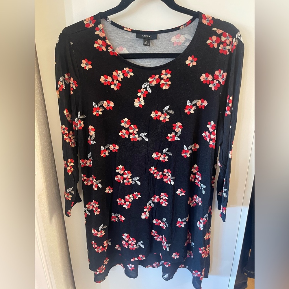 Alfani Black Dress with Red and White Floral Design